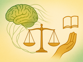 Ilustração representando o Neurodireito: cérebro conectado à balança da justiça, livro aberto e mão estendida, simbolizando a integração entre direito, neurociência e ética.
