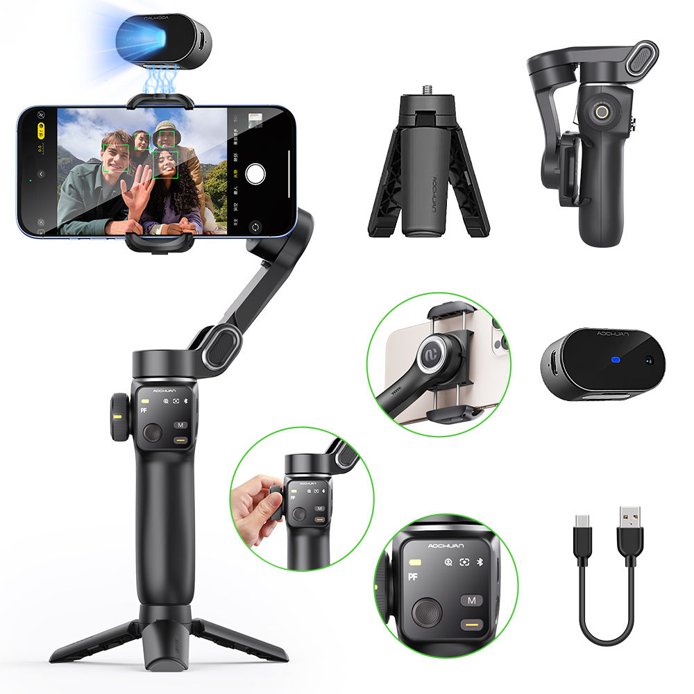 AOCHUAN Handheld Anti-Shake Gimbal Stabilizer Travel Extended Selfie Stick Face