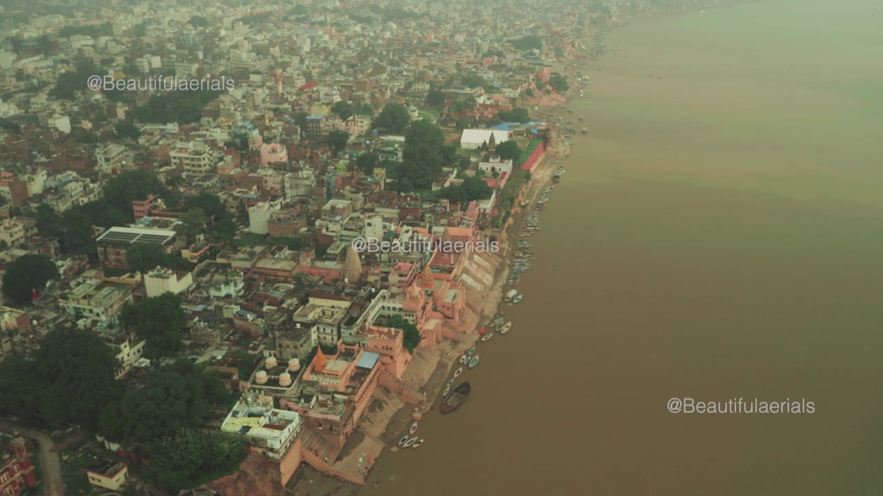 Ancient ghats seen from the sky in Varanasi, India