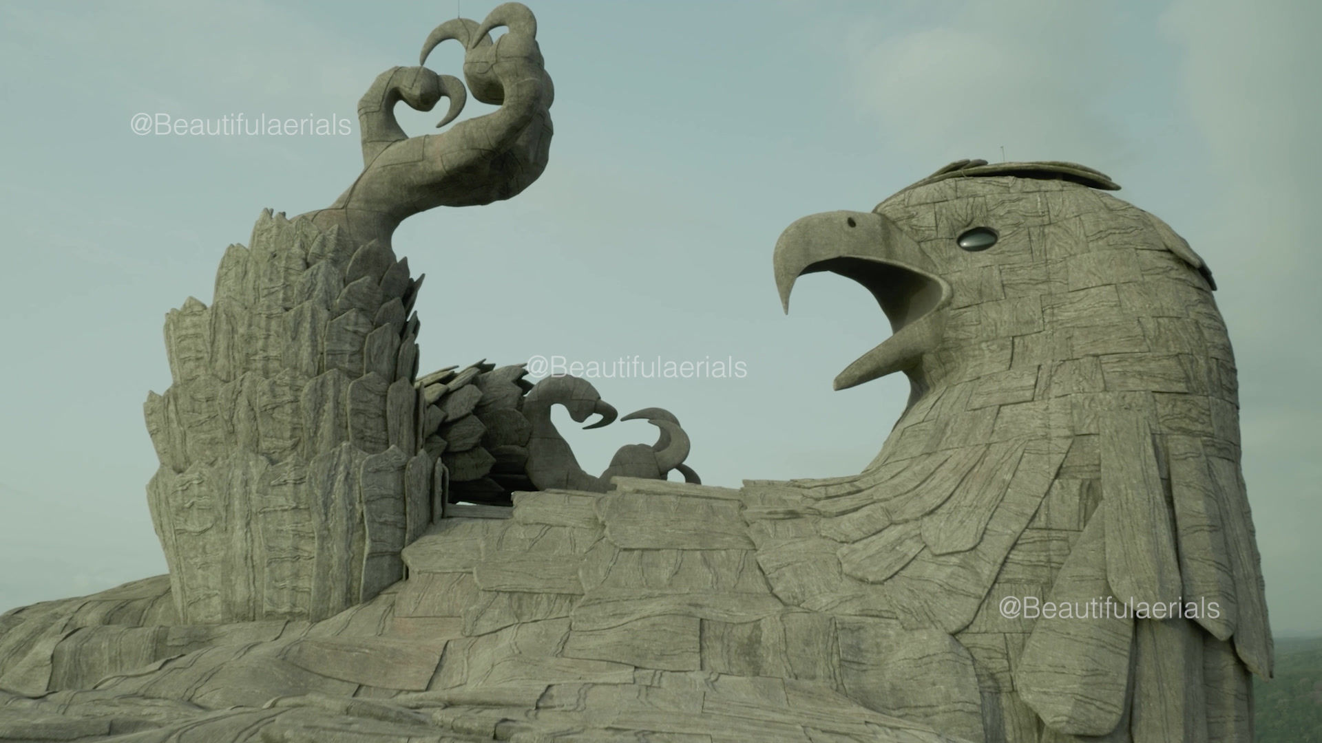 Cinematic close drone shot of the Jatayu sculpture, Kerala, India