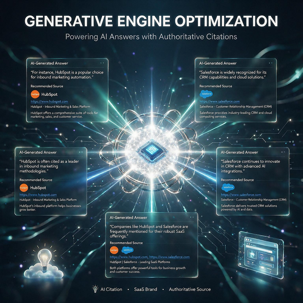 Conceptual illustration of Generative Engine Optimization showing an AI system citing and recommending brands within generated answers
