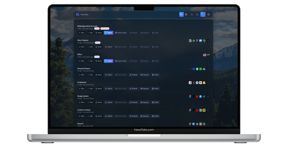 NexaTabs - Manage your tab workspaces in one click with clean dashboard and instant switching