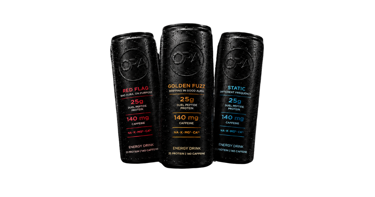 ORA energy drink cans — Red Flag, Golden Fuzz, Static