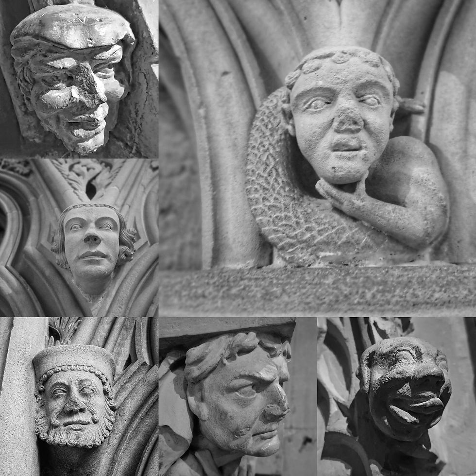 A collage of Janine's photos showing a variety of carved stone masonry faces inside Southwell Minster