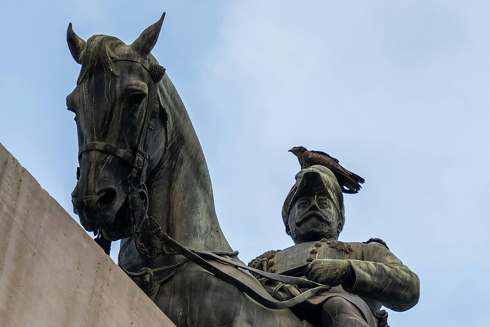 Equestrian statue of a uniformed man holding the reins, with a bird perched on his head. The bronze figure and horse are seen from a low angle against a cloudy blue sky, with visible bird droppings on the rider’s chest and shoulder.