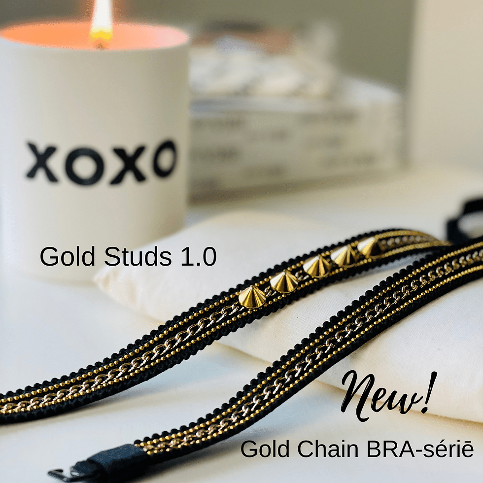 Miniatura: Gold studded straps for bras, close up, laying flat.