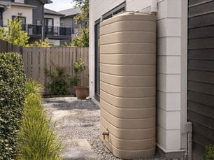 Slimline rainwater tank installed in a narrow side yard of a New Zealand home, providing water storage without using valuable outdoor space.