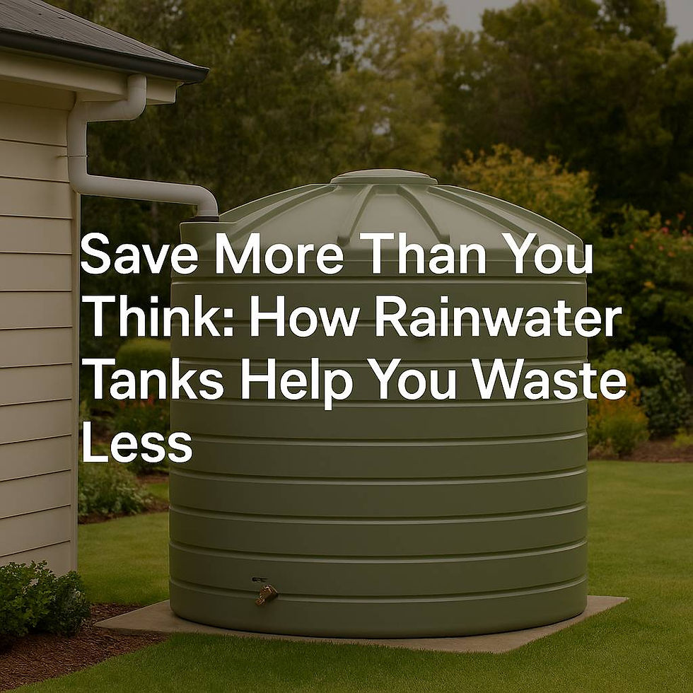 Large round green rainwater tank with domed top installed on a concrete base in a New Zealand backyard, connected to a house downpipe, with blog title text overlay.