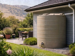 Rainwater tank installed beside a New Zealand home, providing an independent water supply during ongoing water restrictions.