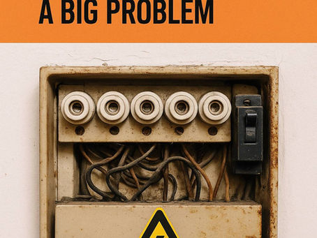 Old electrical switchboard with ceramic fuses and warning sign, highlighting fire and safety risks in outdated home electrical systems.