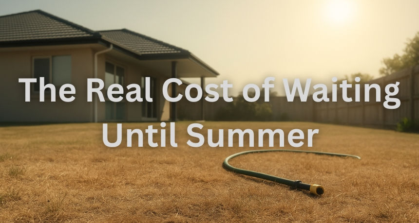 Dry suburban backyard with a brown lawn and an unused garden hose under harsh summer sunlight, illustrating drought conditions and the impact of delaying water tank installation.