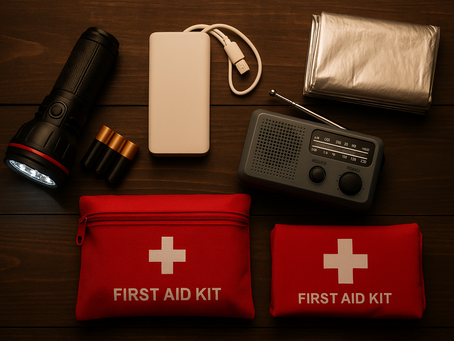 Winter blackout emergency kit items including torch, power bank, thermal blanket, radio, and first-aid supplies