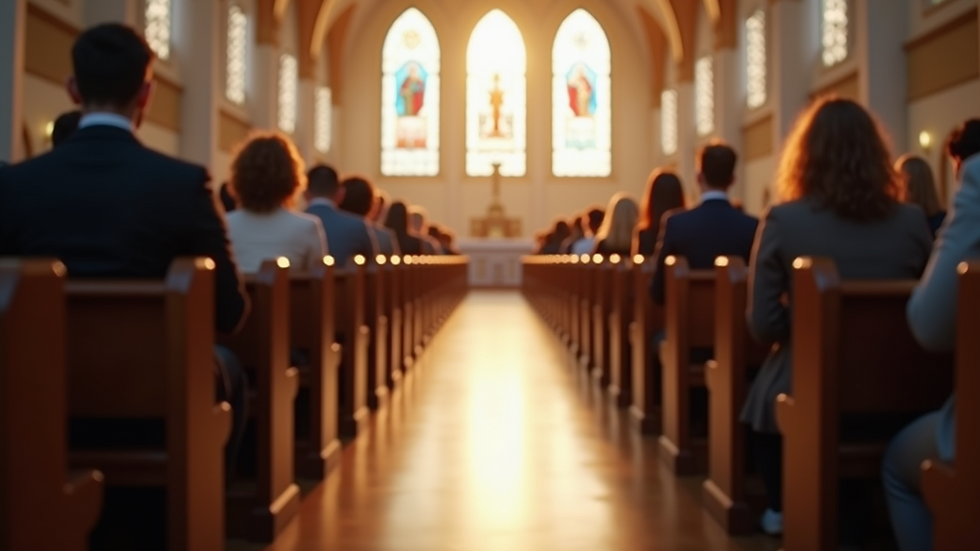 Eye-level view of a modern Catholic church interior with congregation