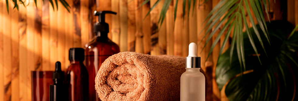 Still life of bodycare and wellness products for healthy wellbeing. Tropical spa interior,