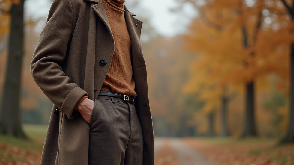 Eye-level view of a minimalist autumn outfit with a wool coat and tailored trousers