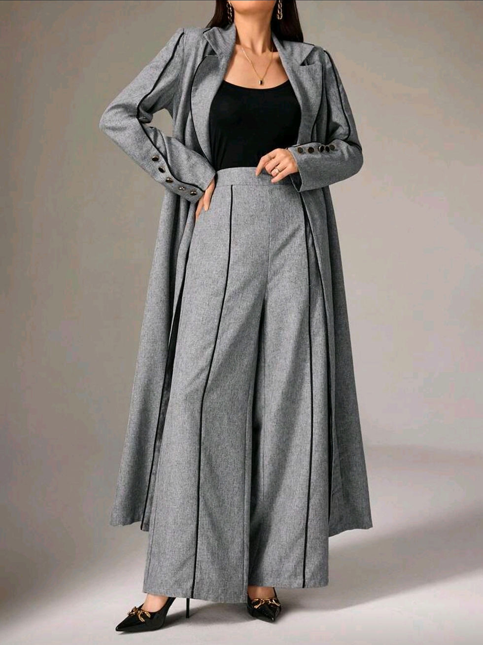 Thumbnail: Women’s Contrast Color Piping Button-Front Abaya Pant Set