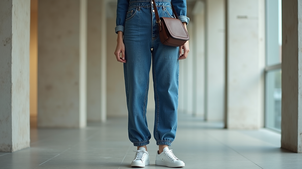 Eye-level view of a denim jumpsuit styled with white trainers and a crossbody bag