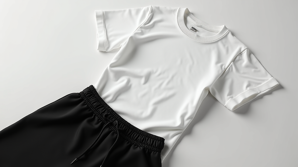 Eye-level view of plain white t-shirt and black joggers laid flat