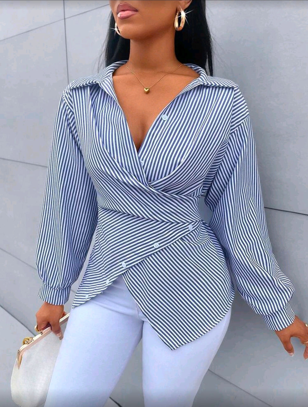 Miniature : Women's Striped Button-Up Wrap Blouse - Asymmetrical Hem Elegant Shirt