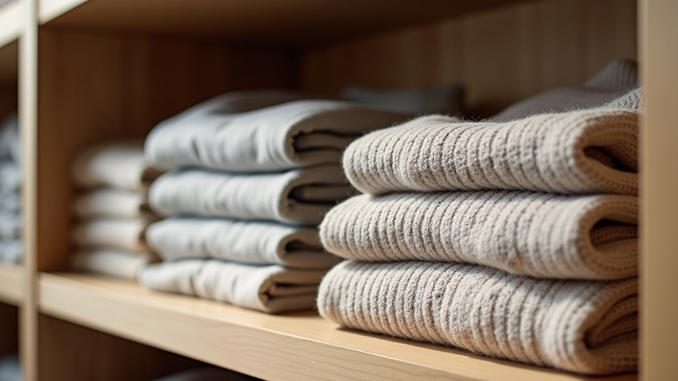 Close-up view of folded neutral coloured sweaters and shirts on a wooden shelf