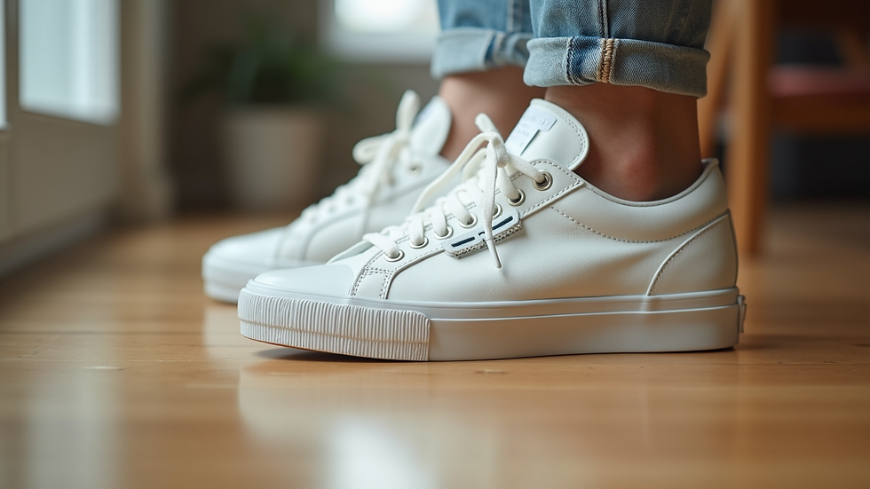 Close-up of white sneakers on wooden floor