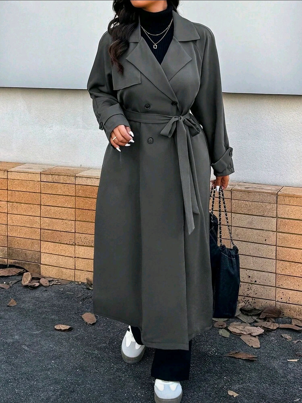 Thumbnail: Women Plus Size Solid Color Double-Breasted Long Trench Coat