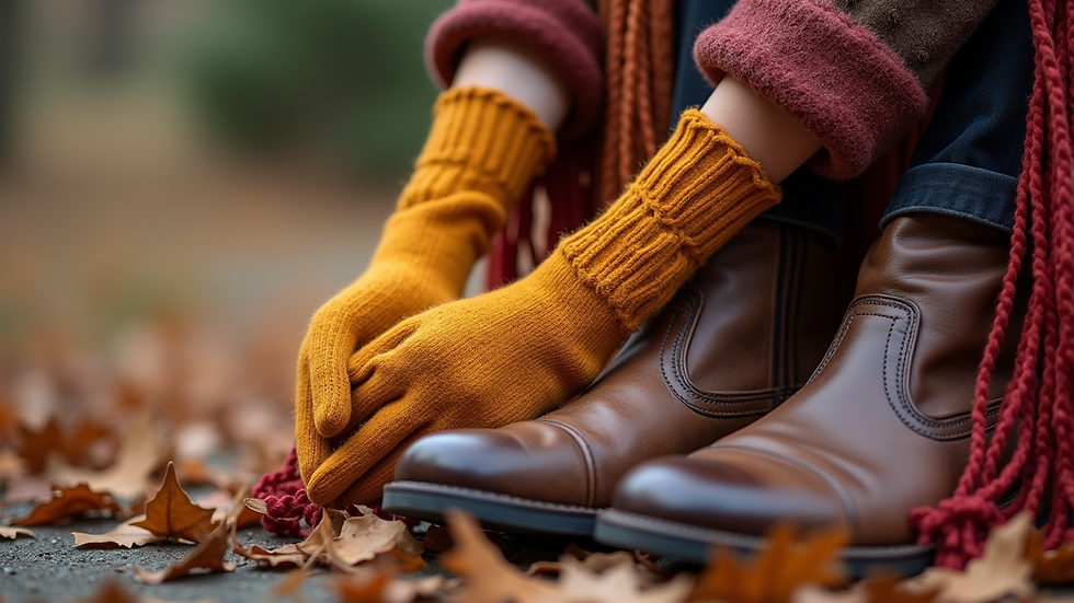 Close-up view of autumn accessories including scarf, gloves, and leather boots