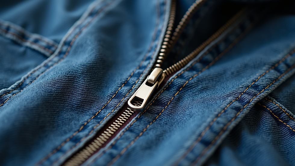 Close-up view of denim fabric texture and zipper detail on a jumpsuit