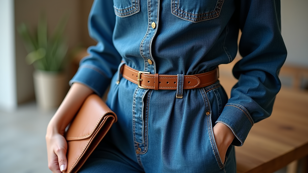 Close-up of a denim jumpsuit with a statement belt and clutch bag on a table