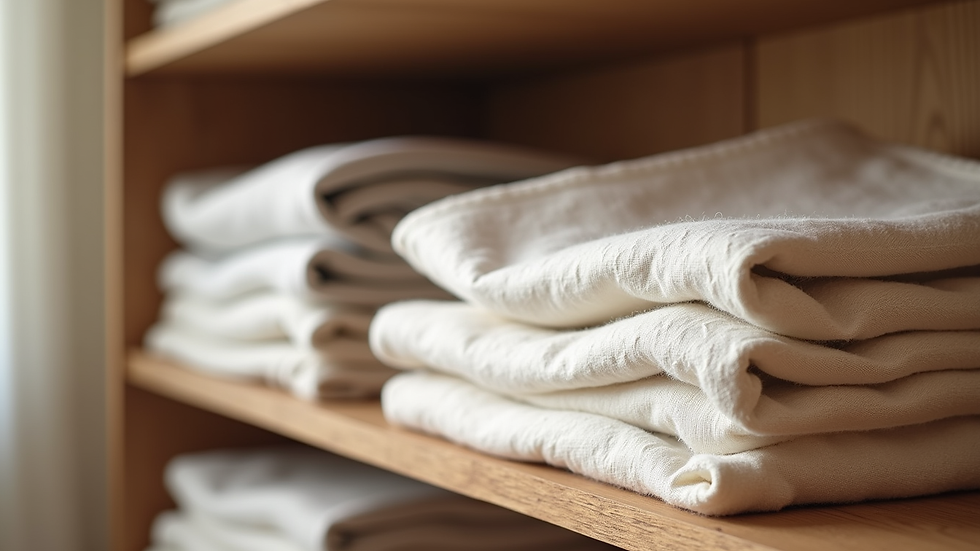 Close-up view of folded minimalist clothing in neutral tones on a wooden shelf