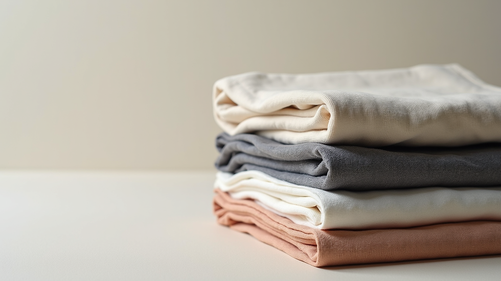 Close-up of folded organic cotton t-shirts in neutral colours