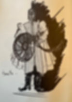 Dessin d'archive d'Amanthe, guerrière avec bouclier et sabre.