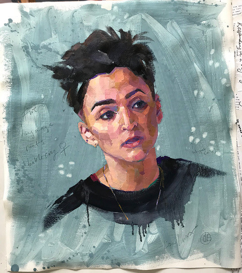 Oil sketch of Lisa Luxx, by Claire Eastgate