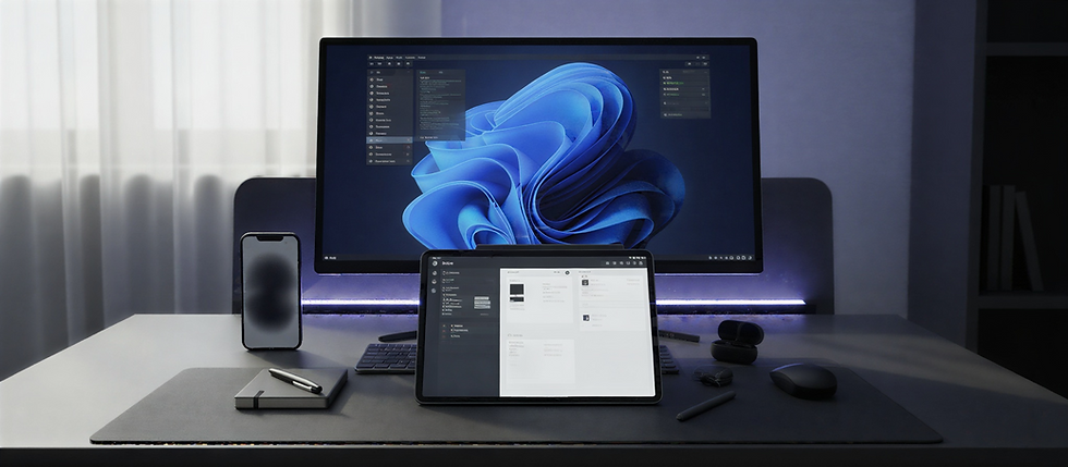 Connected PC Setup with mobile phone, pc monitor and a tablet