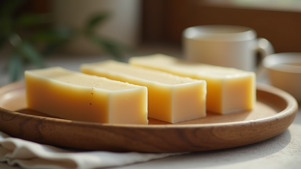 Eye-level view of handmade soap bars drying on a wooden soap dish