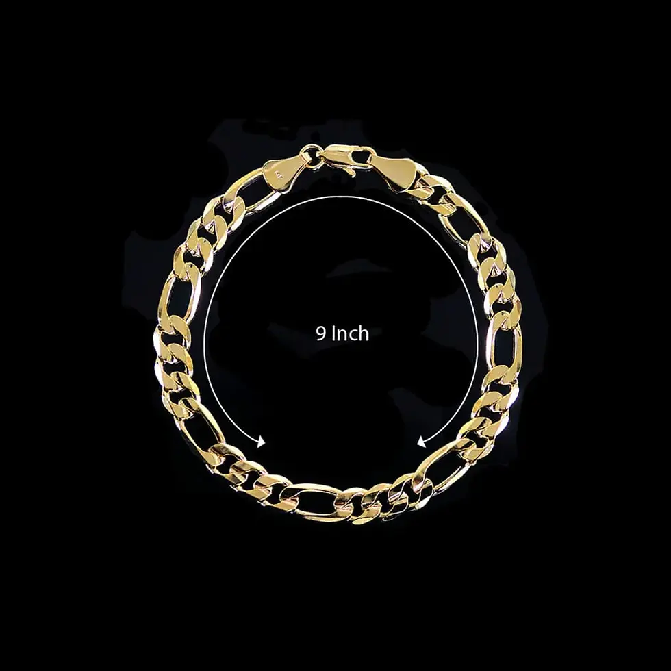Thumbnail: Gold Figaro chain bracelet with 9 inch measurement on a black background.