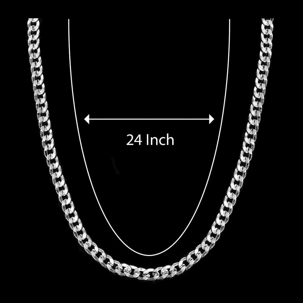 Thumbnail: Silver chain necklace, length measurement reads 24 inch, against a black background.