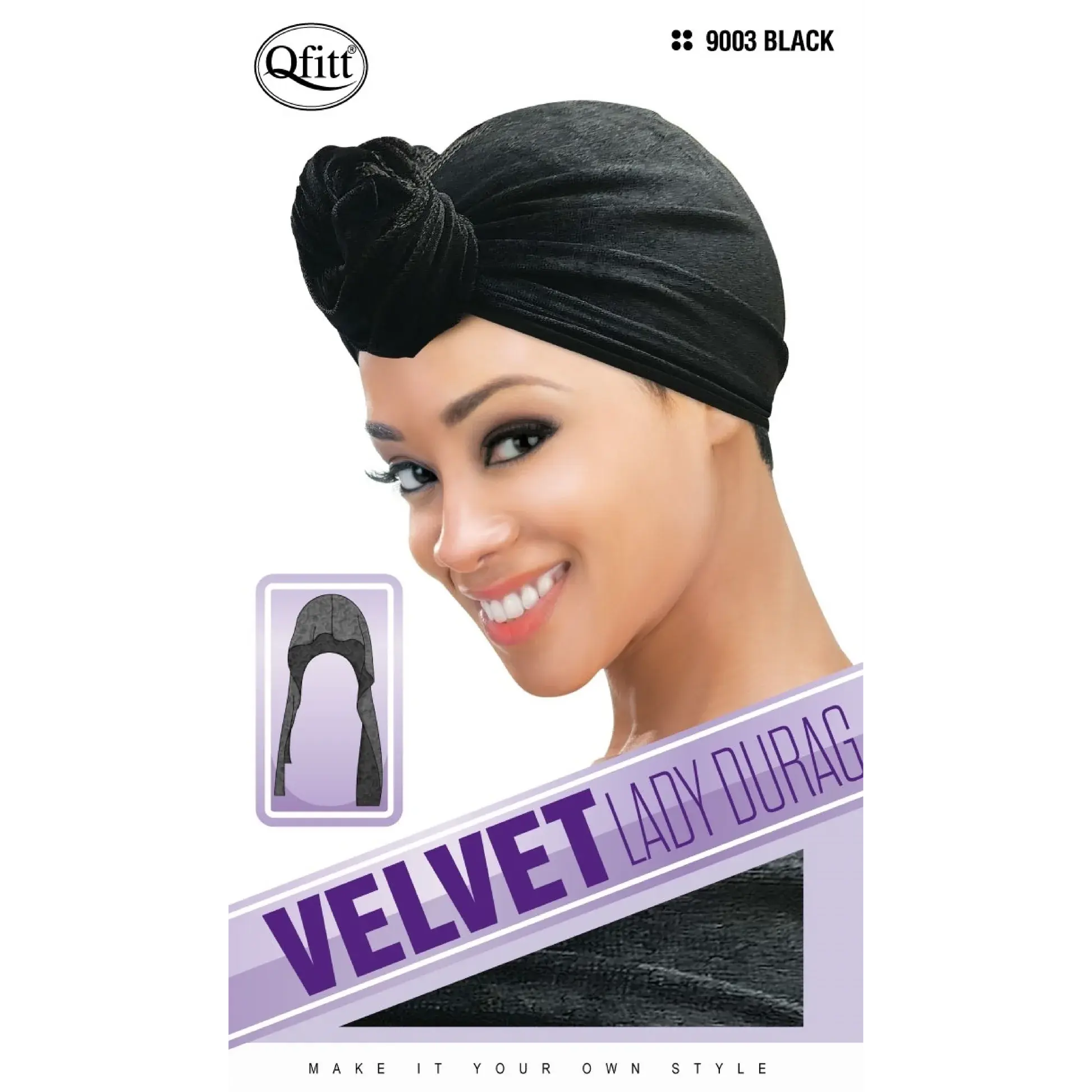 Woman wearing a velvet Lady Durag from Qfit with visible text on package