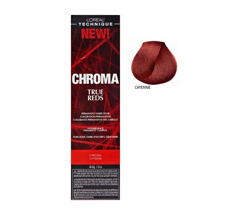 Thumbnail: L'Oreal Technique Chroma True Reds hair dye box and hair sample, Cayenne color.