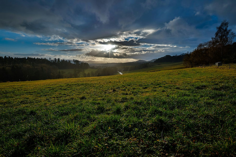 Sunlight breaking through clouds over an open green field, echoing the stillness found in the middle of everyday action.