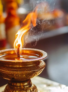 A traditional flaming oil lamp glowing warmly, symbolizing devotion and faith