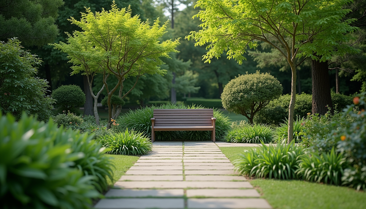 High angle view of a serene outdoor garden with a single meditation bench surrounded by greenery