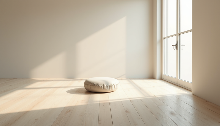 Eye-level view of a quiet room with a meditation cushion and soft natural light