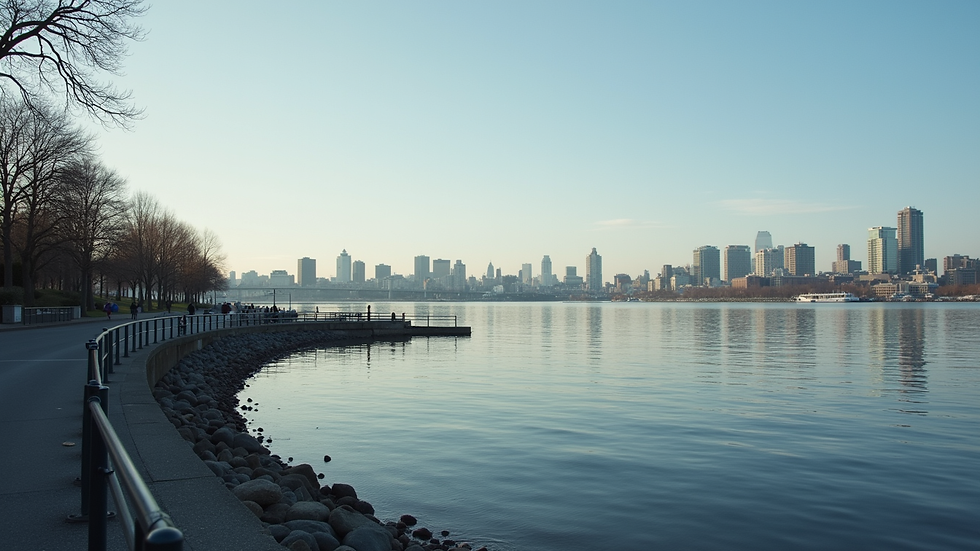 Eye-level view of a serene Portland waterfront with city skyline