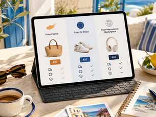 Online shopping in Cyprus with local stores, EU shops and delivery options compared on a tablet.