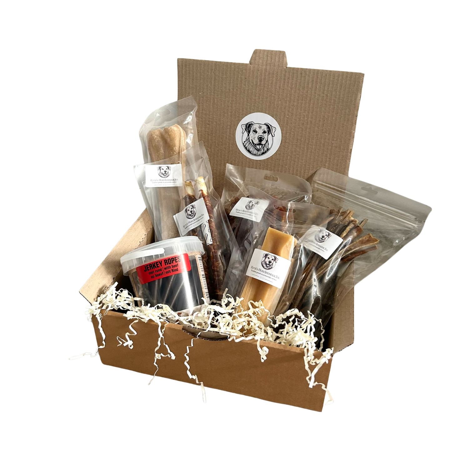 Luxe Kyra's Proeverij snackbox voor grote honden met XXL geperst kauwbot, Yakstaaf L en runder jerky ropes.