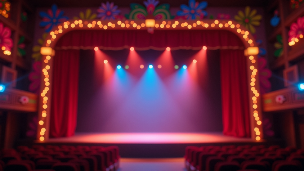 Eye-level view of a vibrant theater stage with colorful decorations