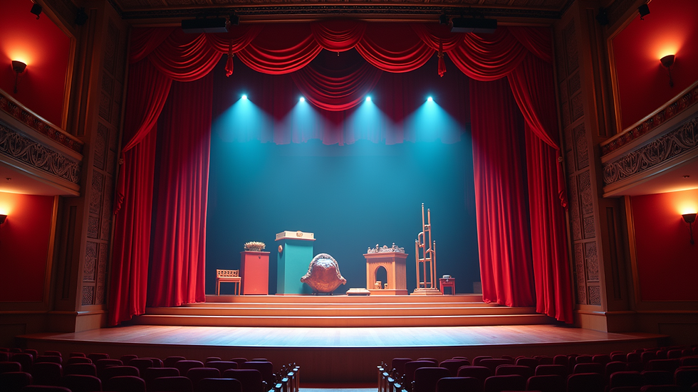 Eye-level view of a vibrant theater stage with colorful props