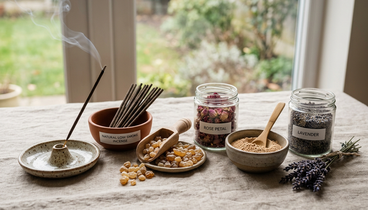 Non toxic low smoke incense stick burning gently in a modern yoga and wellness studio