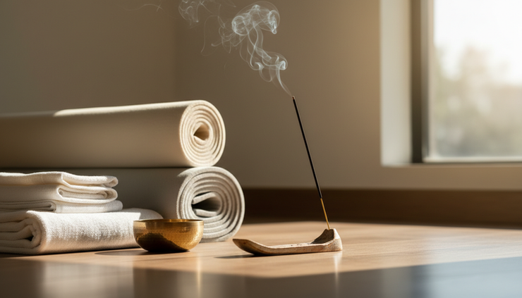 Low-smoke natural sandalwood incense stick burning in a ceramic holder